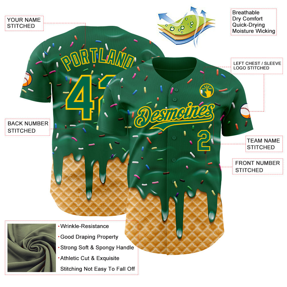 Custom Kelly Green-Yellow Ice Cream Waffle Foodie Dessert Authentic Baseball Jersey