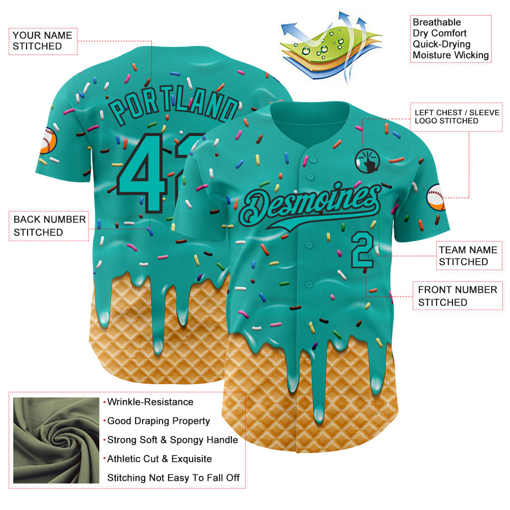 Custom Aqua-Black Ice Cream Waffle Foodie Dessert Authentic Baseball Jersey