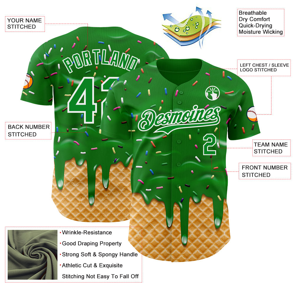 Custom Grass Green-White Ice Cream Waffle Foodie Dessert Authentic Baseball Jersey