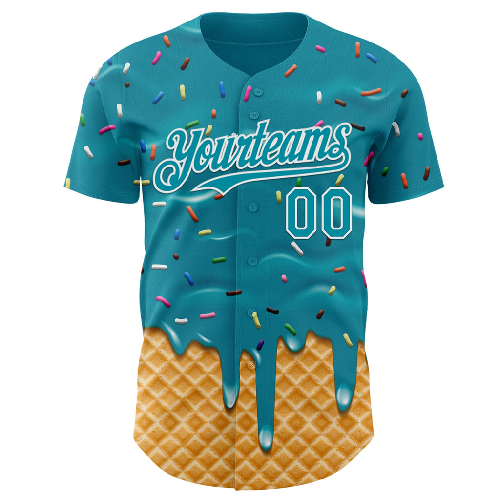 Custom Teal-White Ice Cream Waffle Foodie Dessert Authentic Baseball Jersey
