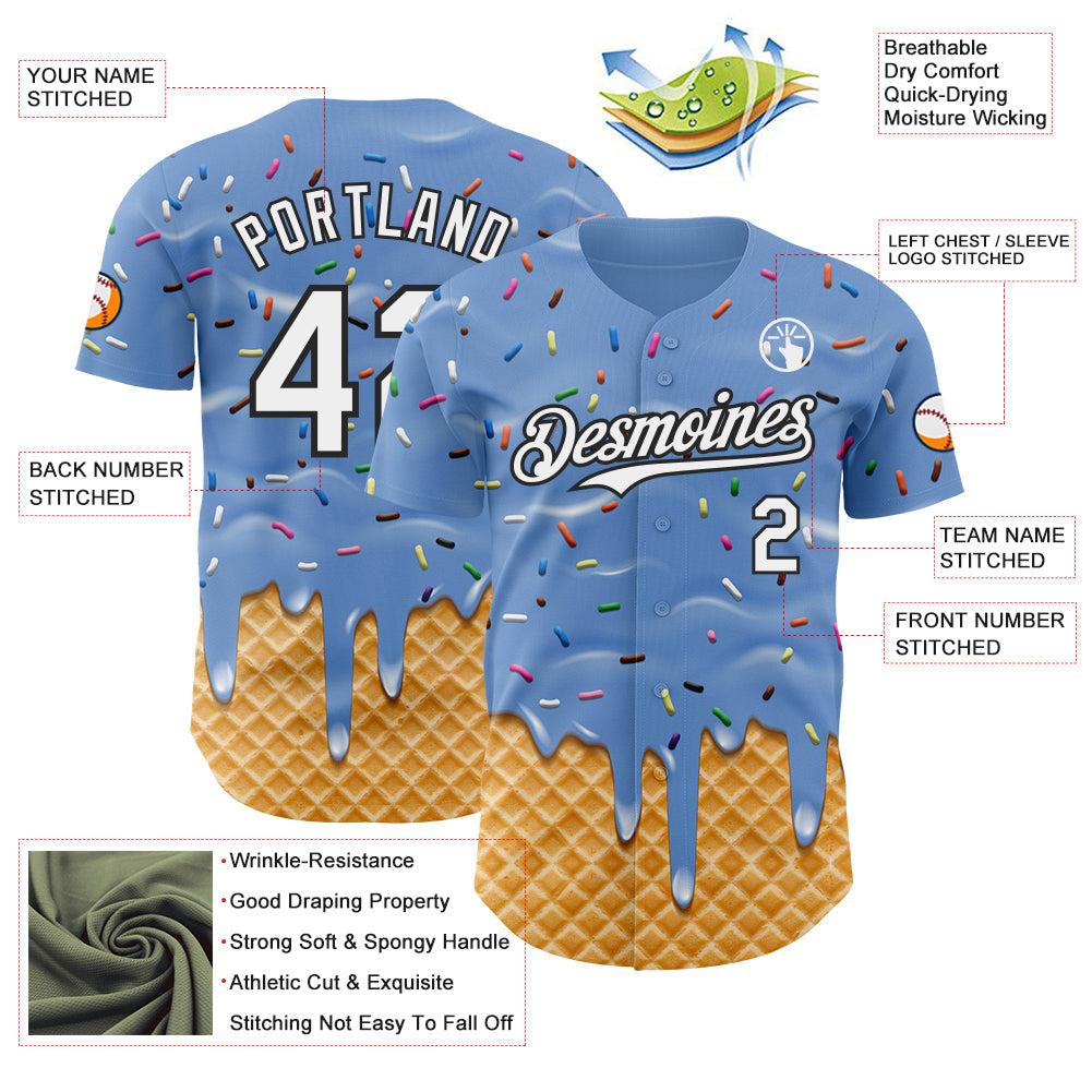 Custom Light Blue White-Black Ice Cream Waffle Foodie Dessert Authentic Baseball Jersey