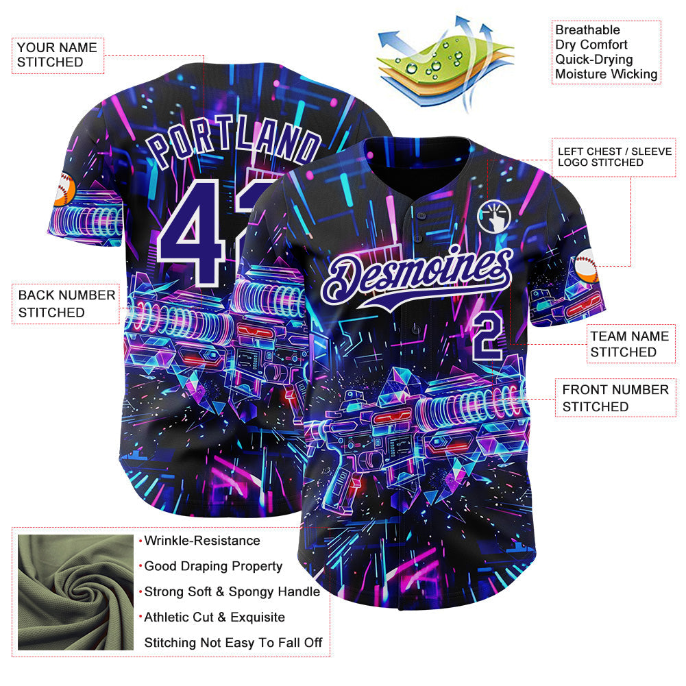 Custom Black Dark Purple-White Futurism Cyberpunk E-sports 3D Pattern Design Authentic Baseball Jersey