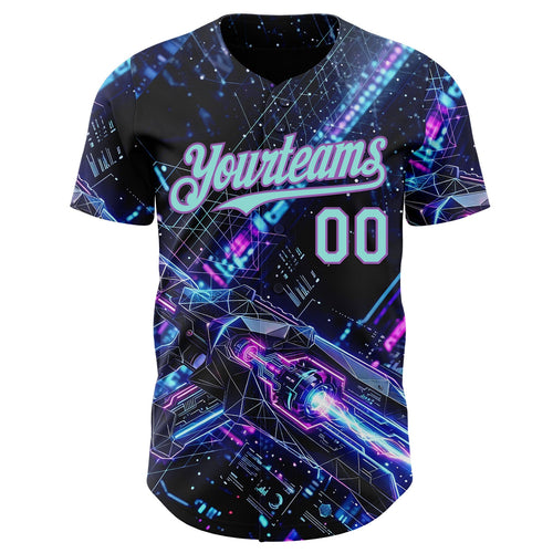 Custom Black Ice Blue-Medium Purple Futurism Cyberpunk E-sports 3D Pattern Design Authentic Baseball Jersey