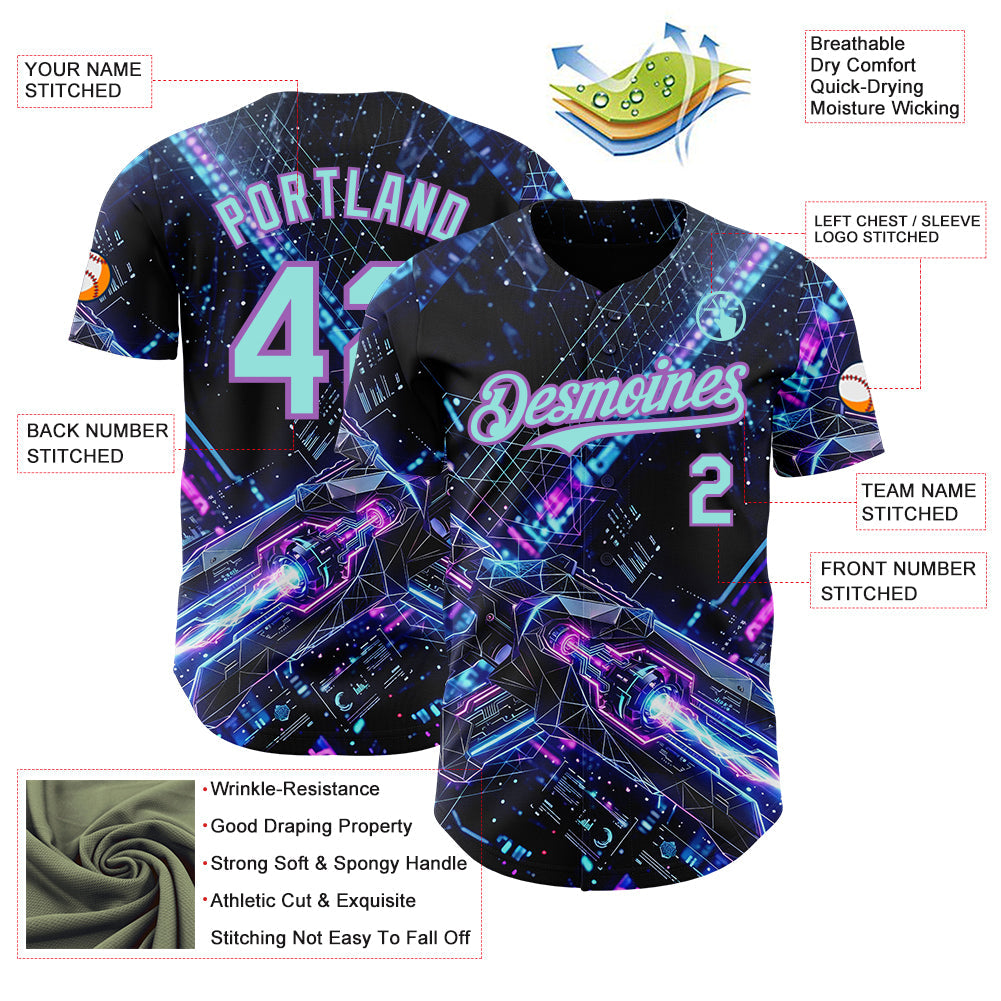Custom Black Ice Blue-Medium Purple Futurism Cyberpunk E-sports 3D Pattern Design Authentic Baseball Jersey