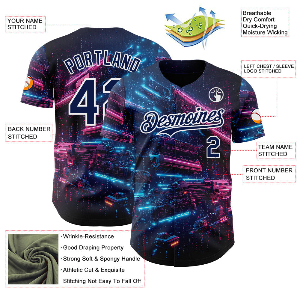 Custom Navy-White Futurism Cyberpunk E-sports 3D Pattern Design Authentic Baseball Jersey