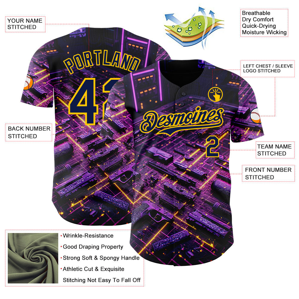 Custom Black Navy-Yellow Futurism Cyberpunk E-sports 3D Pattern Design Authentic Baseball Jersey