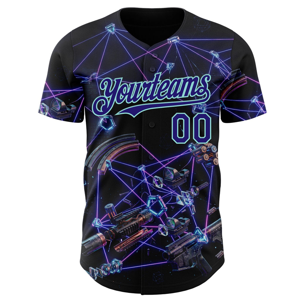 Custom Black Dark Purple-Ice Blue Futurism Tech E-sports 3D Pattern Design Authentic Baseball Jersey