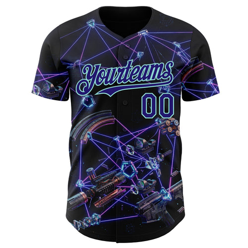 Custom Black Dark Purple-Ice Blue Futurism Tech E-sports 3D Pattern Design Authentic Baseball Jersey