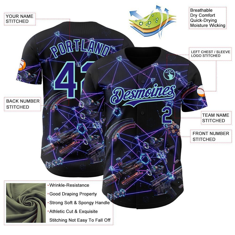 Custom Black Dark Purple-Ice Blue Futurism Tech E-sports 3D Pattern Design Authentic Baseball Jersey