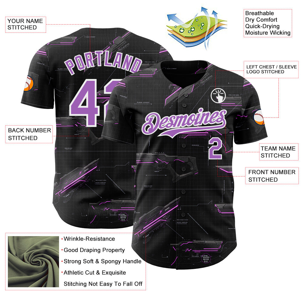 Custom Black Medium Purple-White Futurism Sci-Fi E-sports 3D Pattern Design Authentic Baseball Jersey