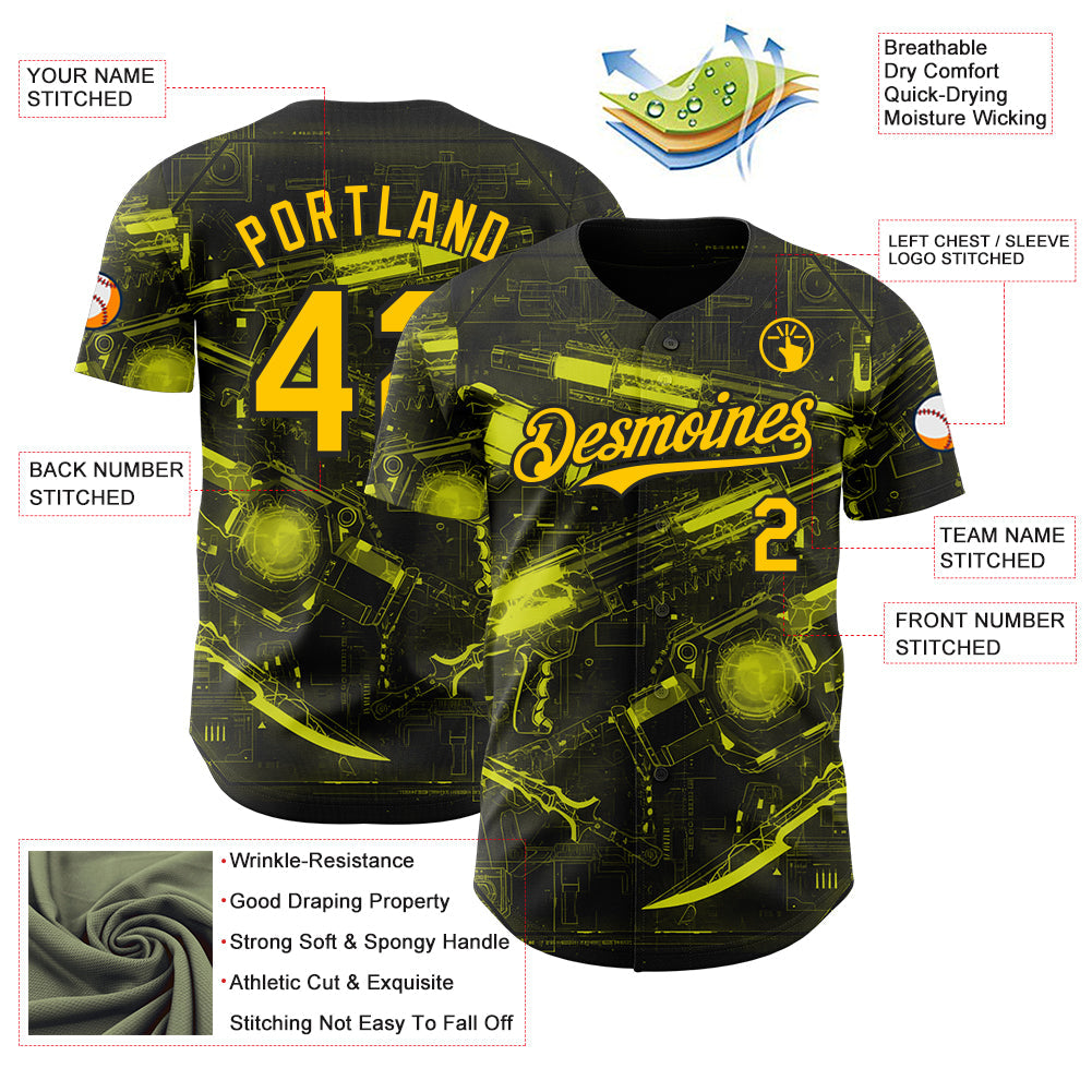 Custom Black-Yellow Futurism Cyberpunk E-sports 3D Pattern Design Authentic Baseball Jersey