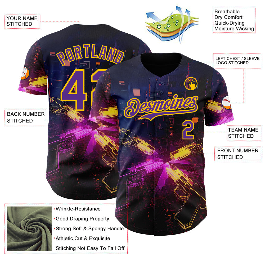 Custom Navy Purple-Yellow Futurism Sci-Fi E-sports 3D Pattern Design Authentic Baseball Jersey