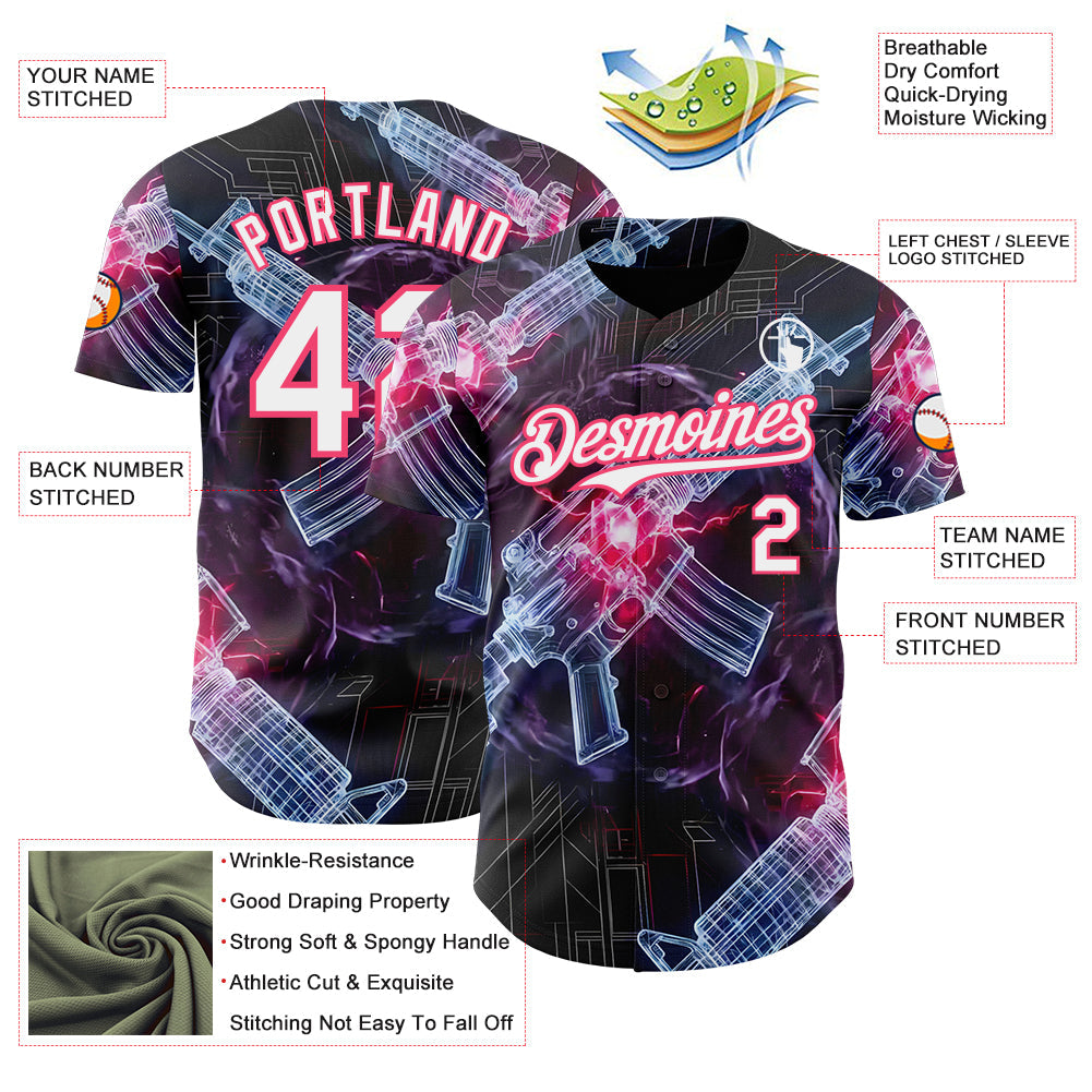 Custom Black White-Neon Pink Futurism Sci-Fi E-sports 3D Pattern Design Authentic Baseball Jersey