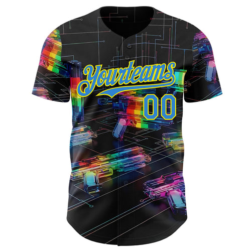 Custom Black Electric Blue-Light Yellow Futurism Cyberpunk E-sports 3D Pattern Design Authentic Baseball Jersey