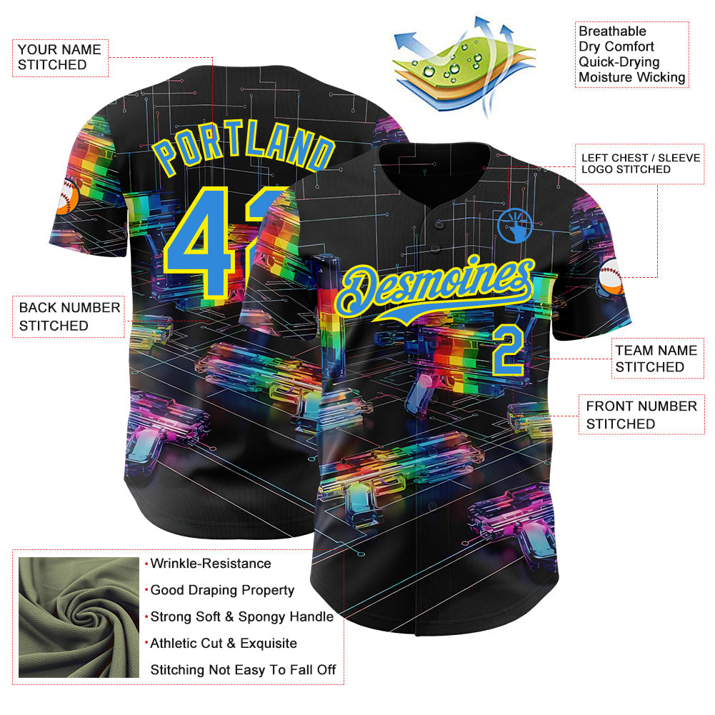 Custom Black Electric Blue-Light Yellow Futurism Cyberpunk E-sports 3D Pattern Design Authentic Baseball Jersey