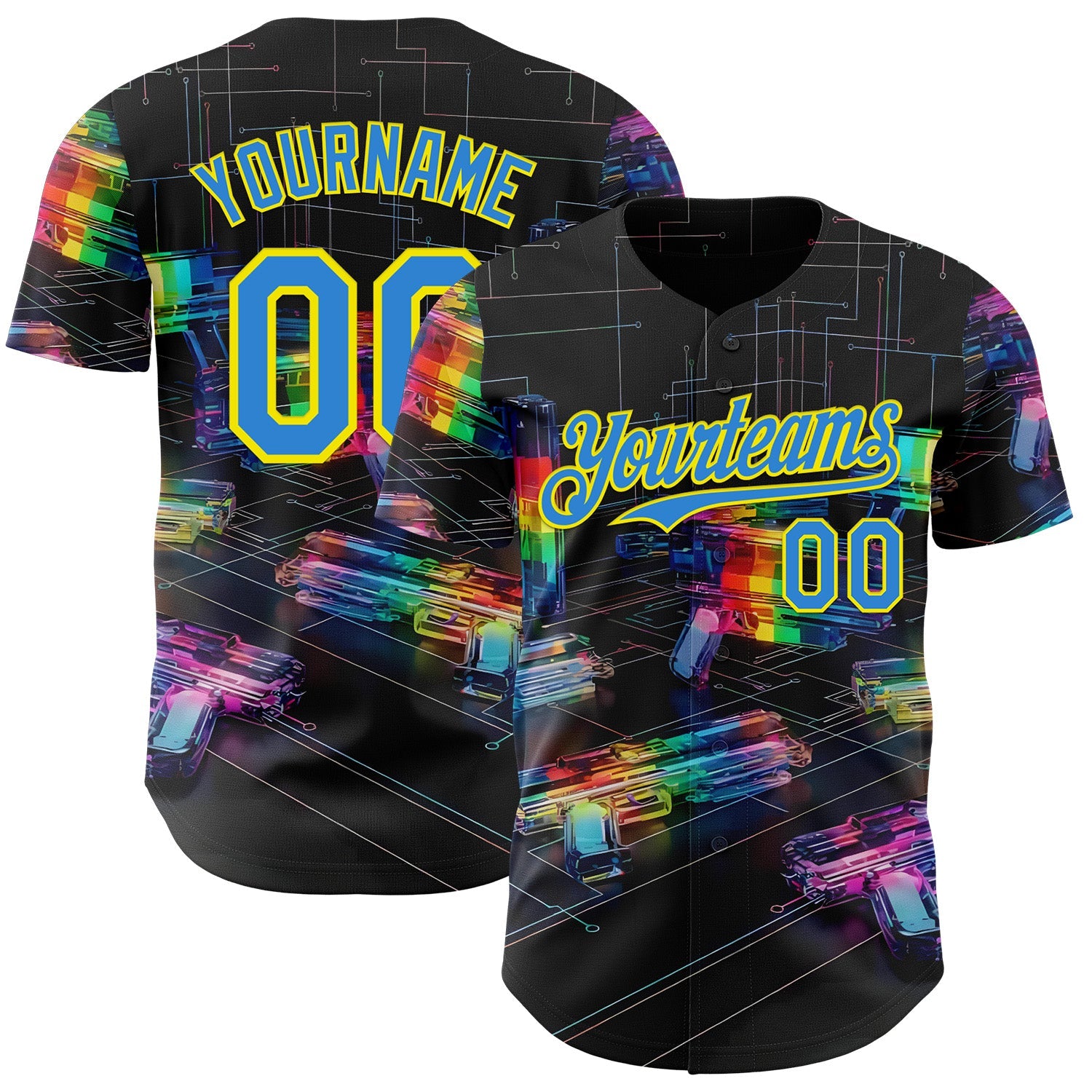 Custom Black Electric Blue-Light Yellow Futurism Cyberpunk E-sports 3D Pattern Design Authentic Baseball Jersey