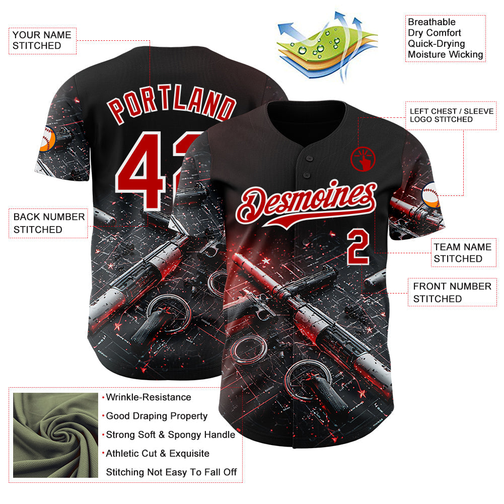 Custom Black Red-White Futurism Cyberpunk E-sports 3D Pattern Design Authentic Baseball Jersey