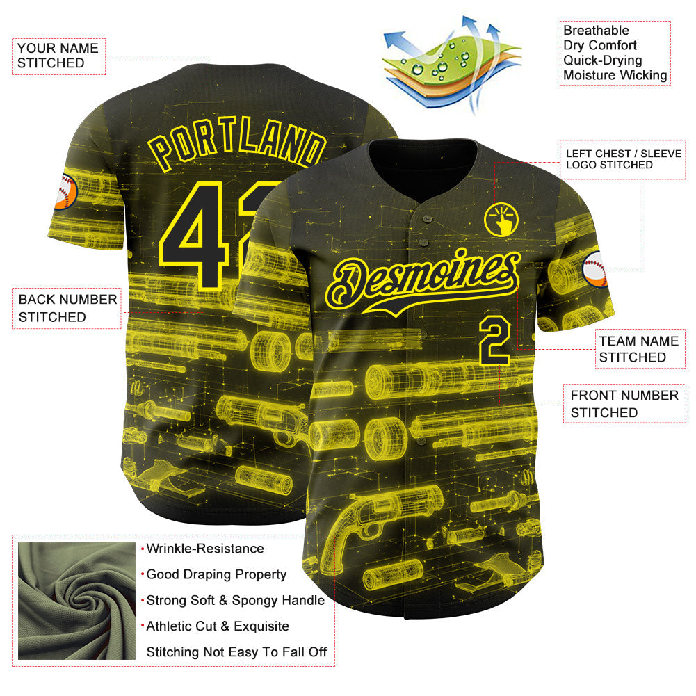Custom Black-Light Yellow Futurism Cyberpunk E-sports 3D Pattern Design Authentic Baseball Jersey