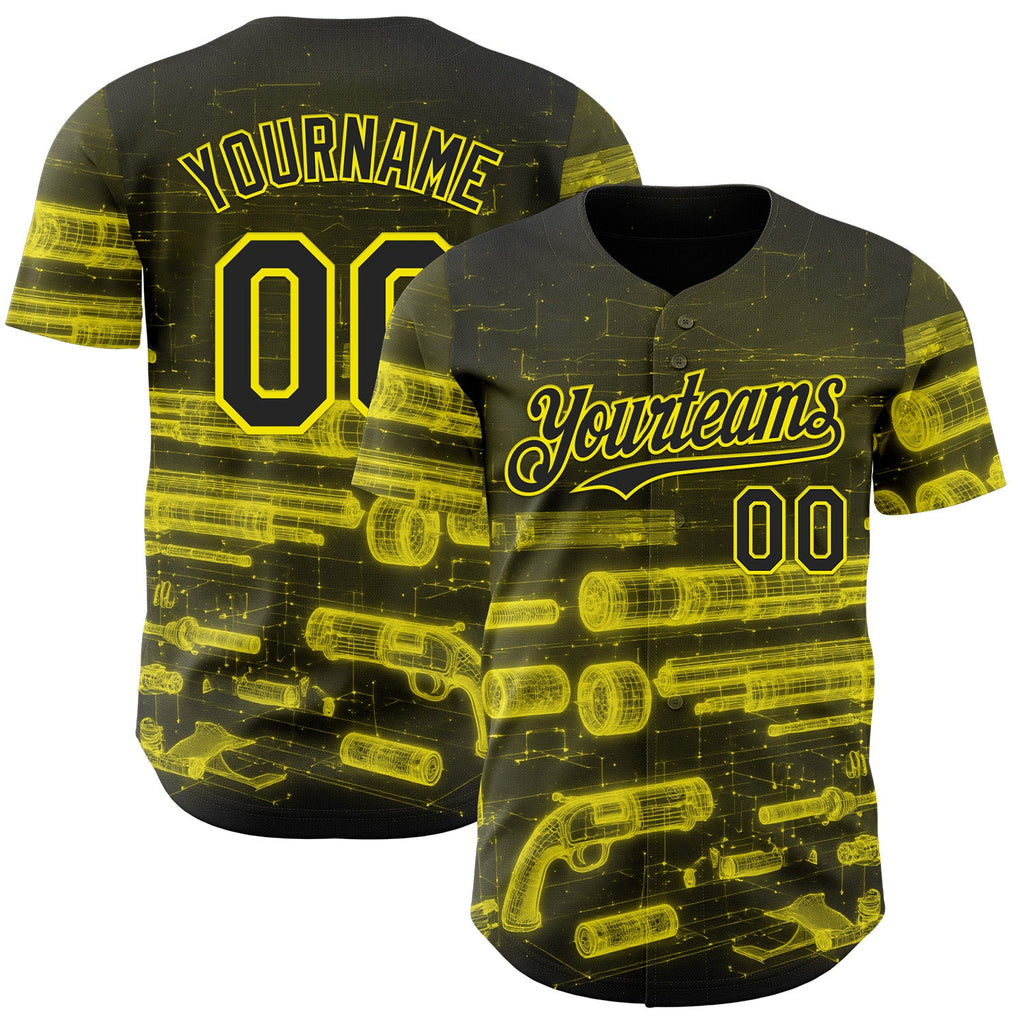 Custom Black-Light Yellow Futurism Cyberpunk E-sports 3D Pattern Design Authentic Baseball Jersey
