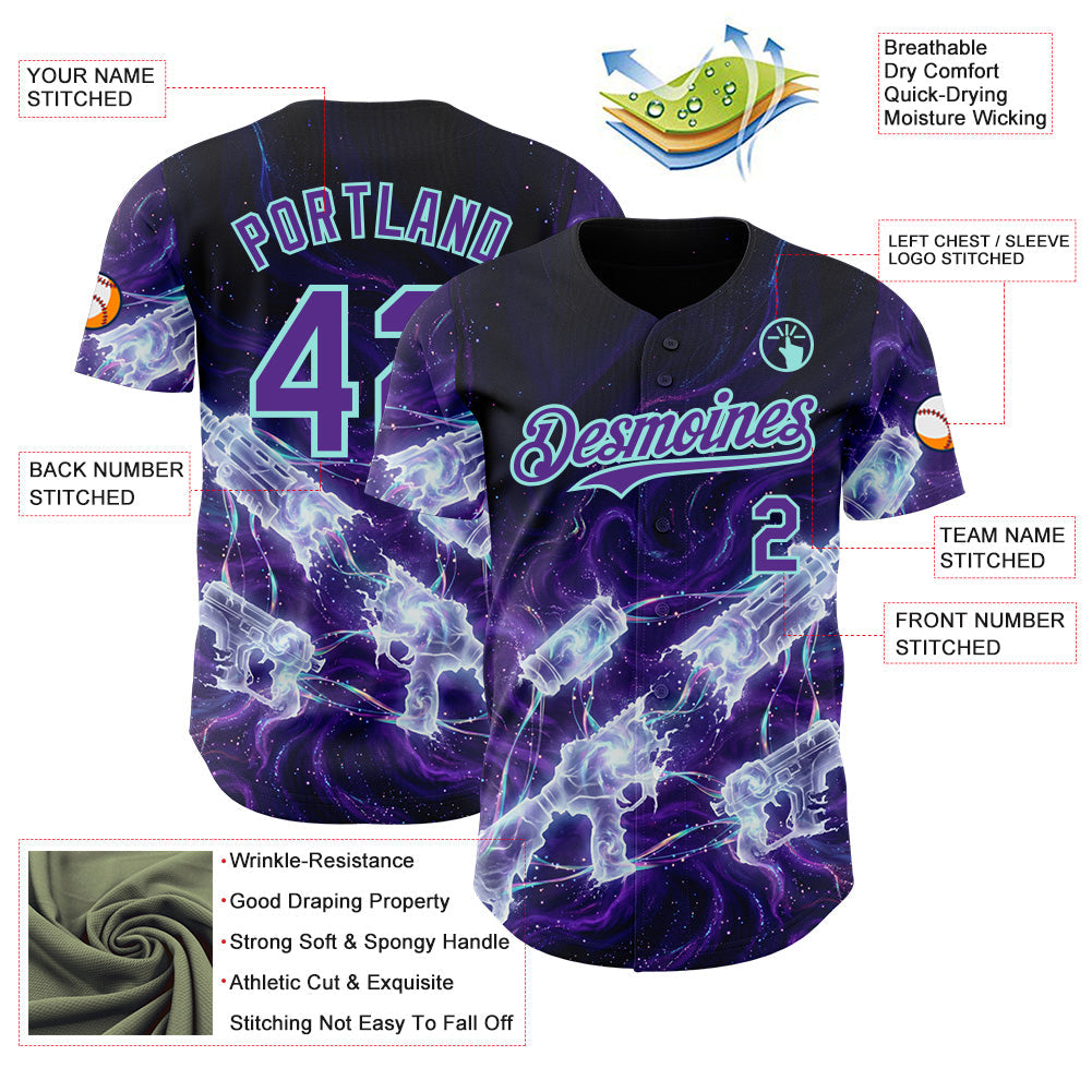 Custom Black Purple-Ice Blue Futurism Cyberpunk E-sports 3D Pattern Design Authentic Baseball Jersey