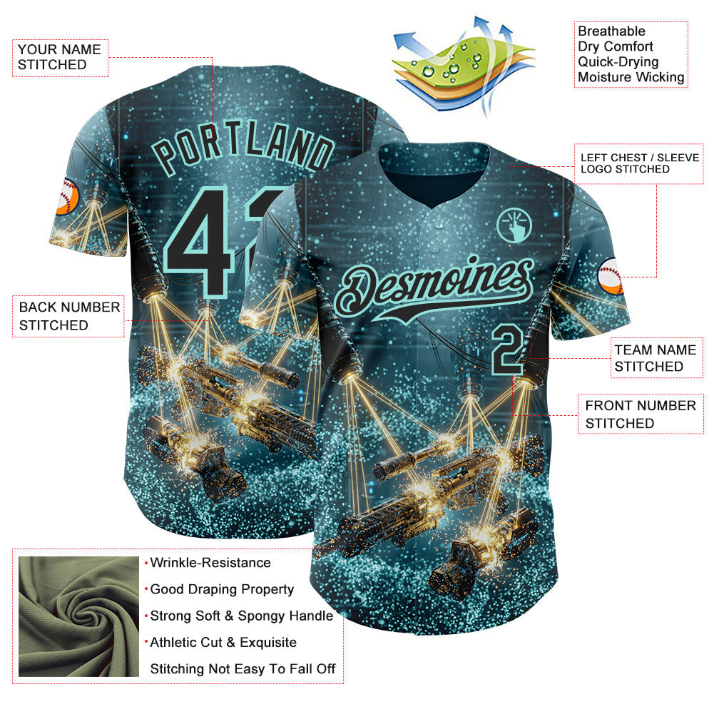 Custom Blue Black-Ice Blue Futurism Sci-Fi E-sports 3D Pattern Design Authentic Baseball Jersey