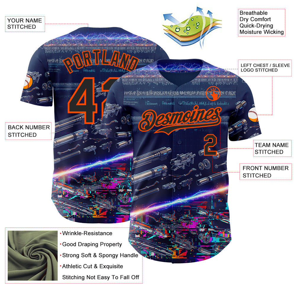 Custom Blue Black-Orange Futurism Sci-Fi E-sports 3D Pattern Design Authentic Baseball Jersey