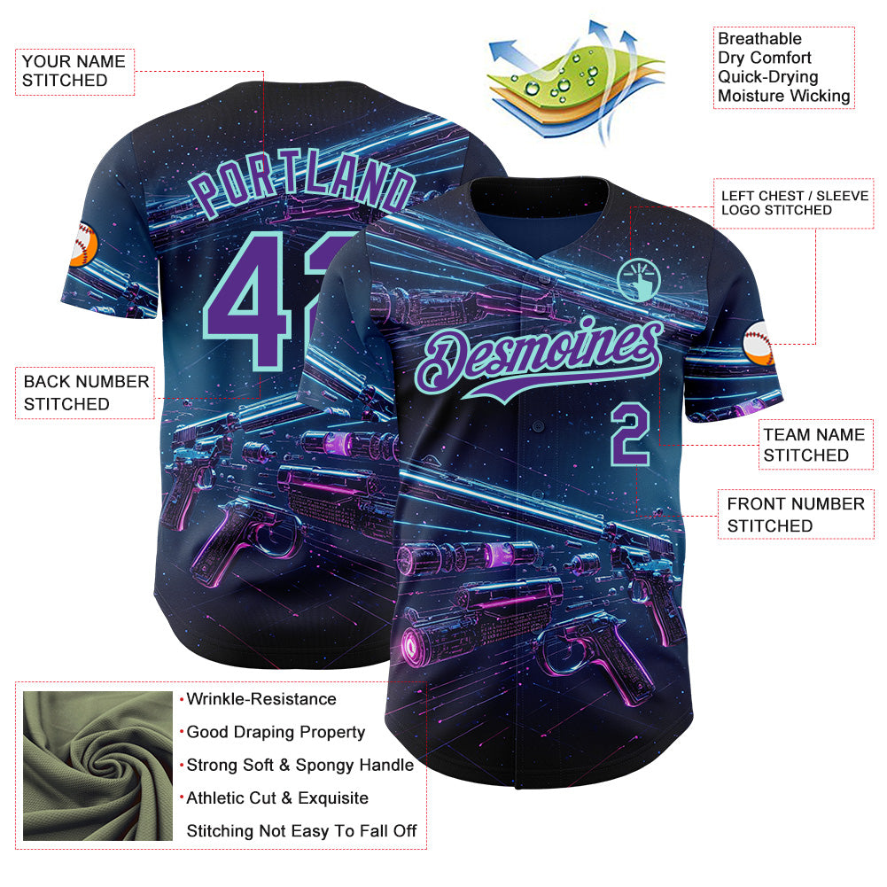 Custom Blue Purple-Ice Blue Futurism Cyberpunk E-sports 3D Pattern Design Authentic Baseball Jersey