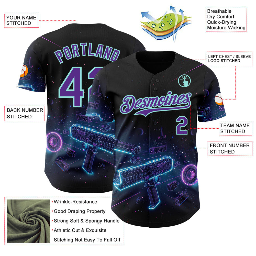 Custom Black Purple-Ice Blue Futurism Cyberpunk E-sports 3D Pattern Design Authentic Baseball Jersey