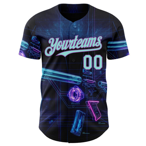 Custom Black Ice Blue-Medium Purple Futurism Cyberpunk E-sports 3D Pattern Design Authentic Baseball Jersey