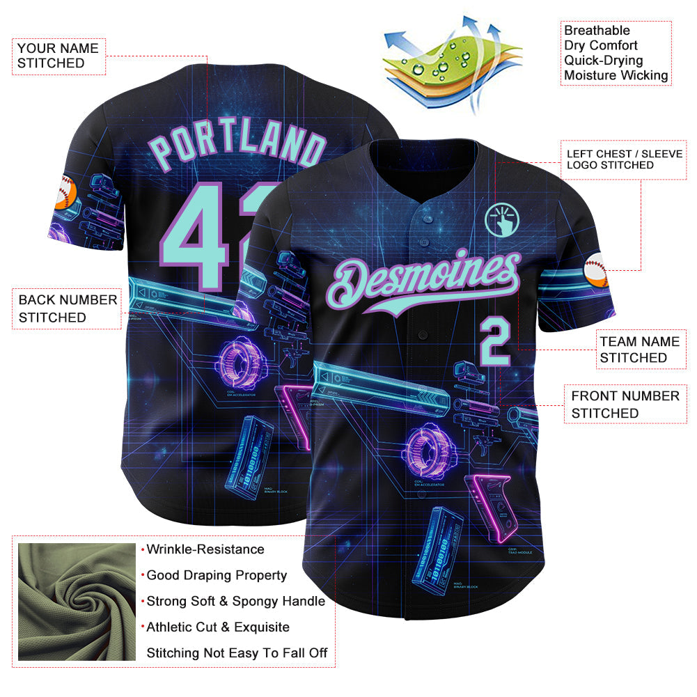 Custom Black Ice Blue-Medium Purple Futurism Cyberpunk E-sports 3D Pattern Design Authentic Baseball Jersey