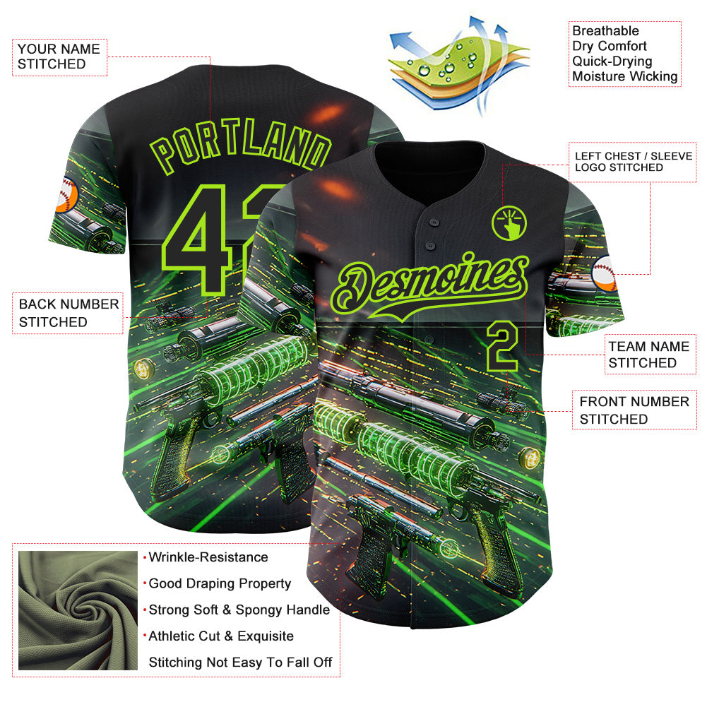 Custom Black-Neon Green Futurism Cyberpunk E-sports 3D Pattern Design Authentic Baseball Jersey