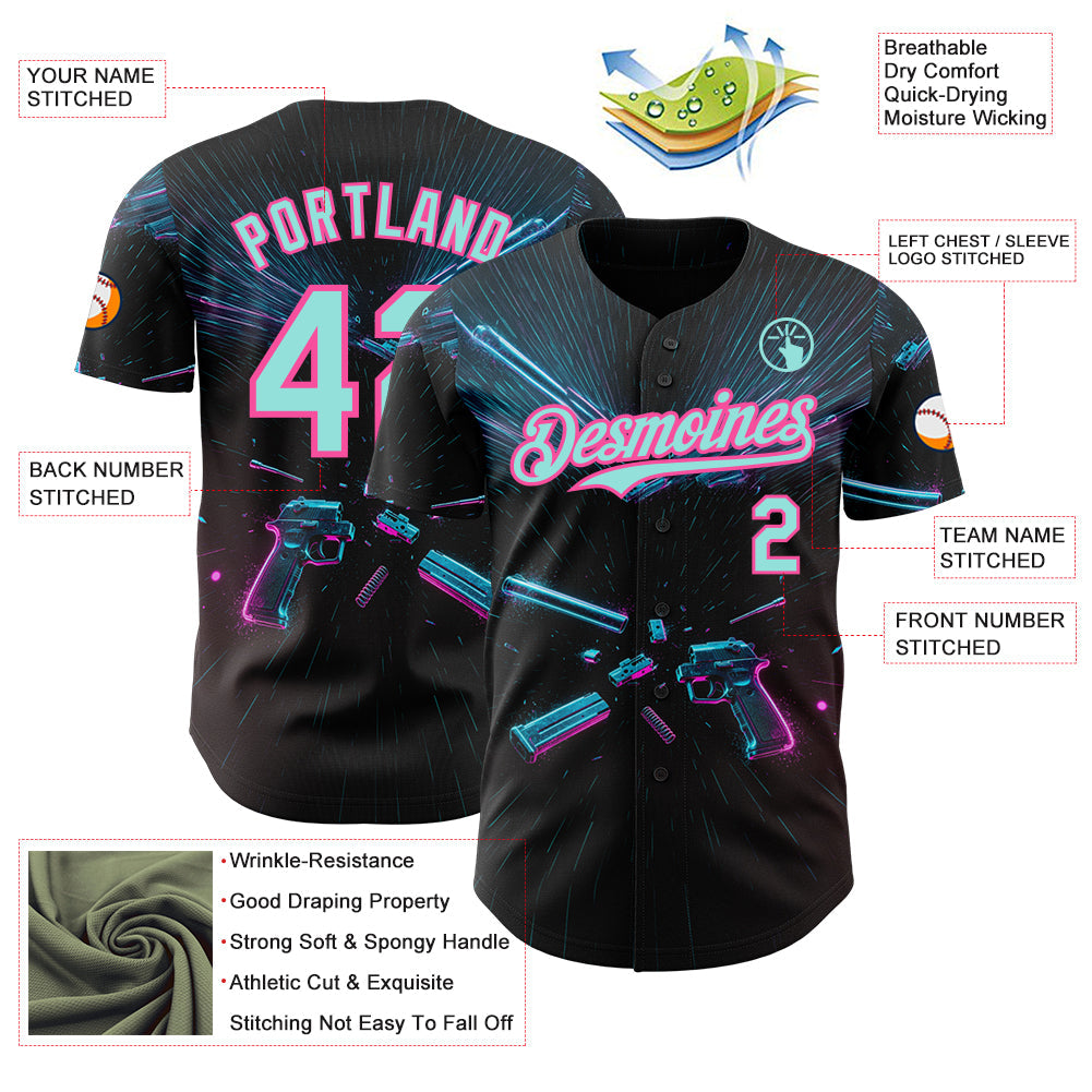Custom Black Ice Blue-Pink Futurism Cyberpunk E-sports 3D Pattern Design Authentic Baseball Jersey