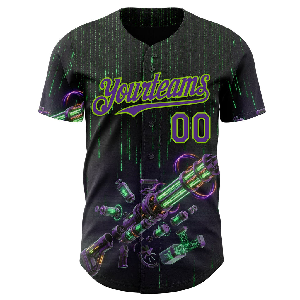 Custom Black Purple-Neon Green Futurism Cyberpunk Digital Rain 3D Pattern Design Authentic Baseball Jersey