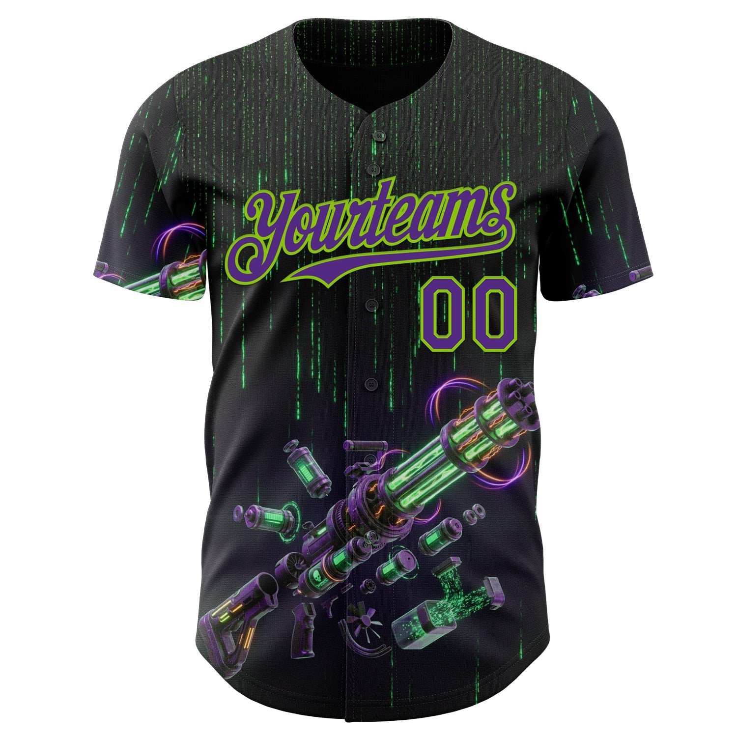 Custom Black Purple-Neon Green Futurism Cyberpunk Digital Rain 3D Pattern Design Authentic Baseball Jersey