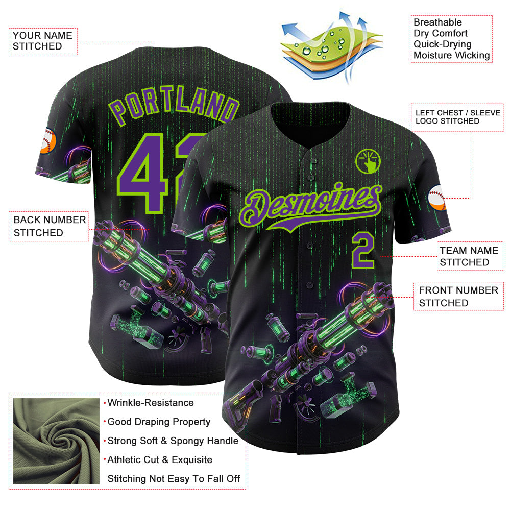 Custom Black Purple-Neon Green Futurism Cyberpunk Digital Rain 3D Pattern Design Authentic Baseball Jersey
