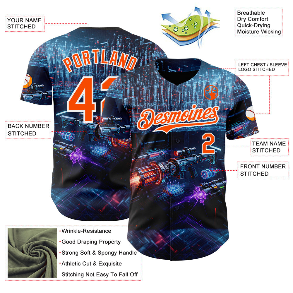 Custom Black Orange-White Futurism Cyberpunk E-sports 3D Pattern Design Authentic Baseball Jersey