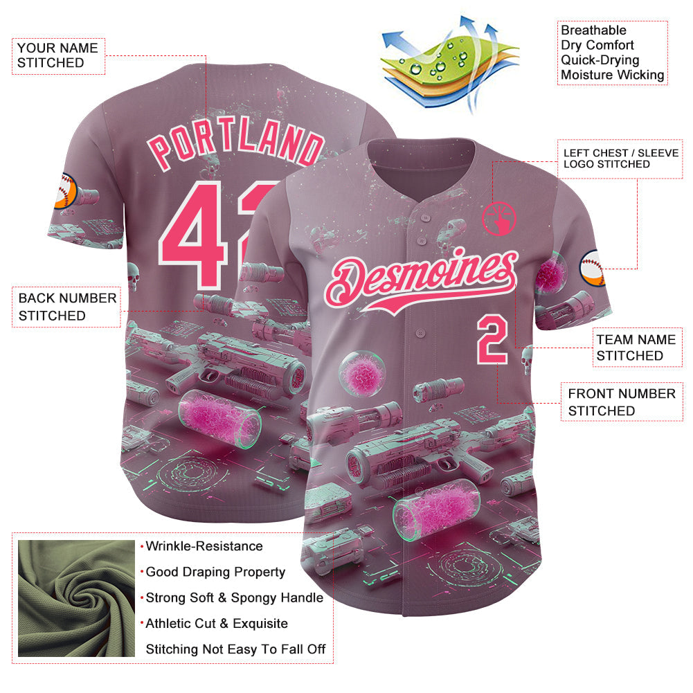 Custom Gray Neon Pink-White Futurism Cyberpunk E-sports 3D Pattern Design Authentic Baseball Jersey