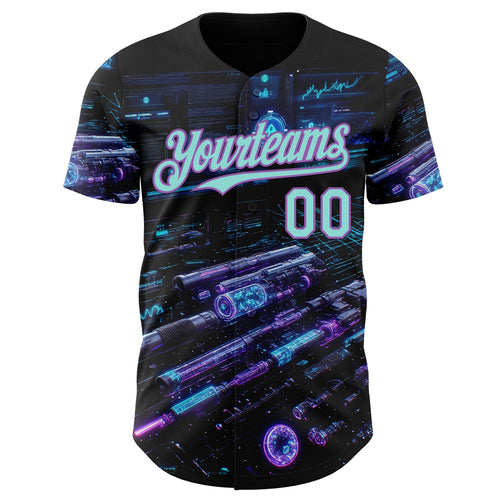 Custom Black Ice Blue-Medium Purple Futurism Cyberpunk E-sports 3D Pattern Design Authentic Baseball Jersey