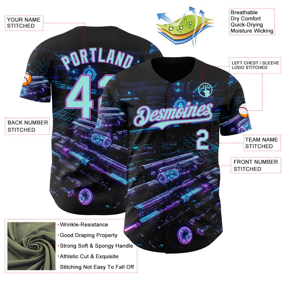 Custom Black Ice Blue-Medium Purple Futurism Cyberpunk E-sports 3D Pattern Design Authentic Baseball Jersey