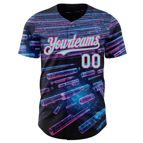 Custom Black Ice Blue-Pink Futurism Cyberpunk E-sports 3D Pattern Design Authentic Baseball Jersey