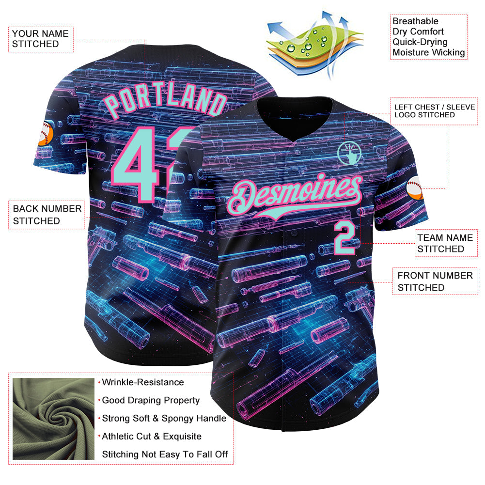 Custom Black Ice Blue-Pink Futurism Cyberpunk E-sports 3D Pattern Design Authentic Baseball Jersey