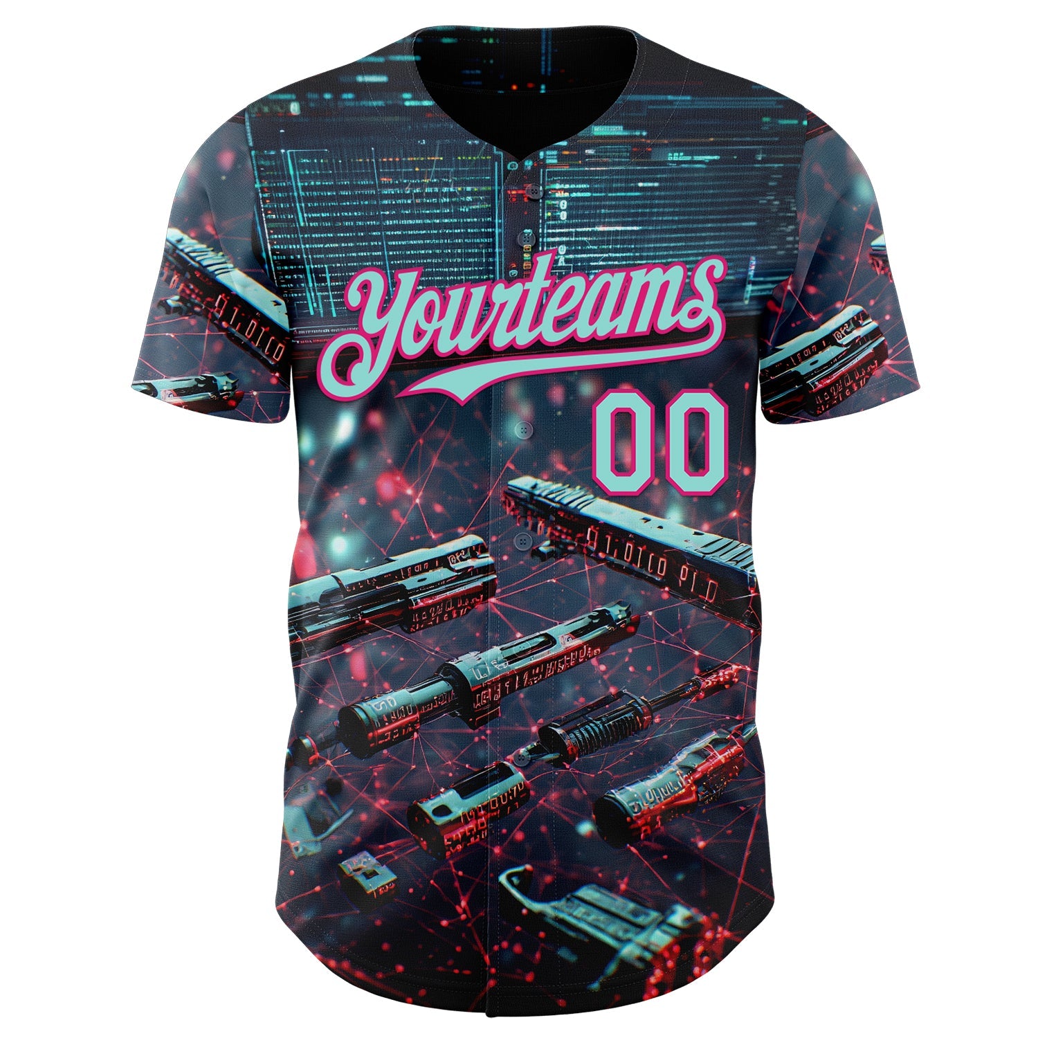 Custom Black Ice Blue-Hot Pink Futurism Tech E-sports 3D Pattern Design Authentic Baseball Jersey