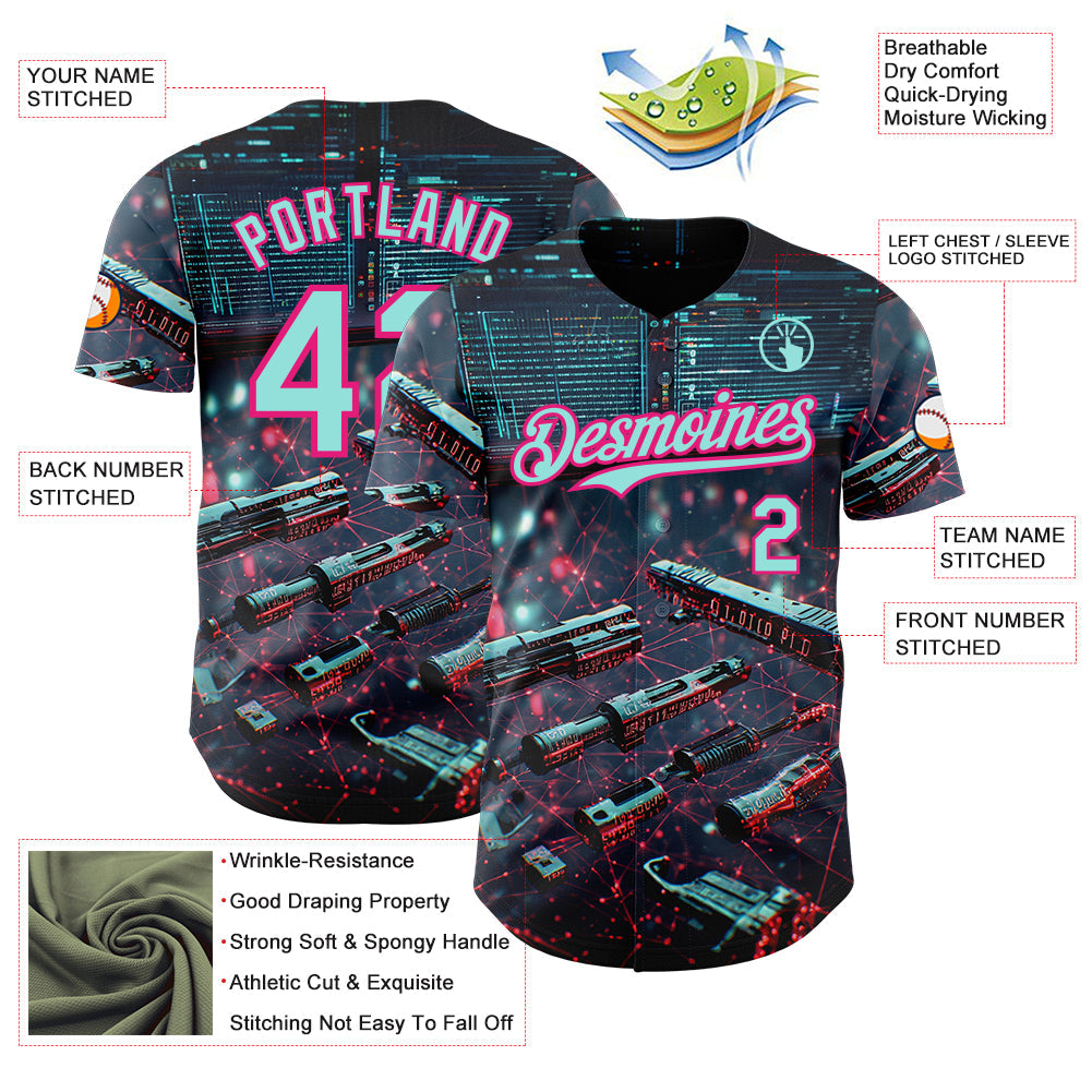 Custom Black Ice Blue-Hot Pink Futurism Tech E-sports 3D Pattern Design Authentic Baseball Jersey
