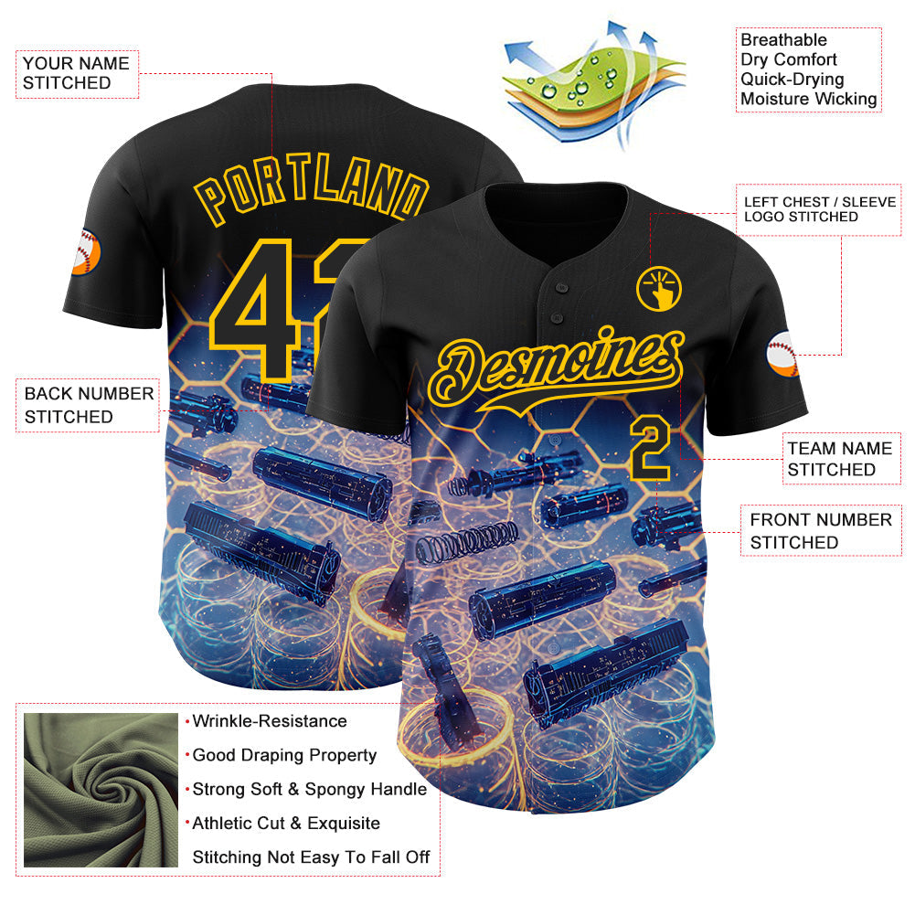 Custom Black-Yellow Futurism Tech Holographic E-sports 3D Pattern Design Authentic Baseball Jersey