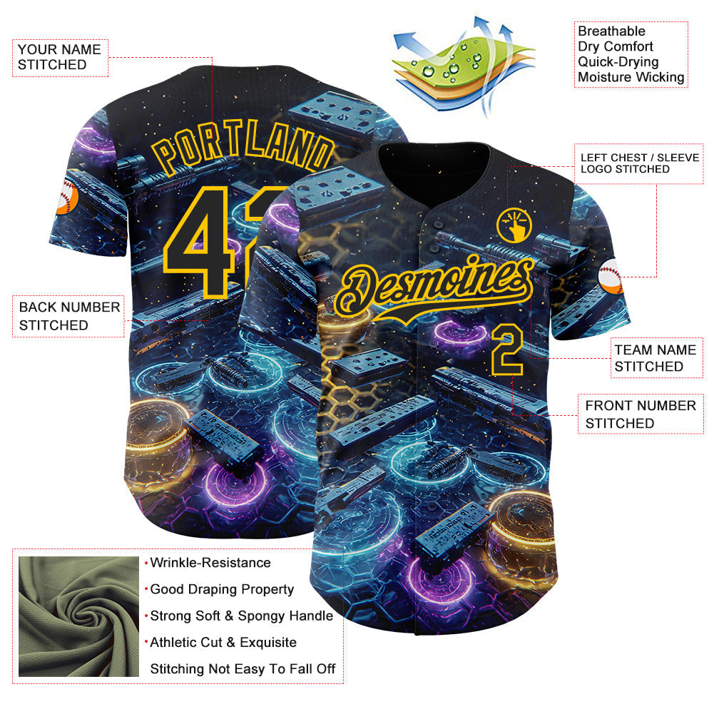 Custom Black-Yellow Futurism Cyberpunk E-sports 3D Pattern Design Authentic Baseball Jersey