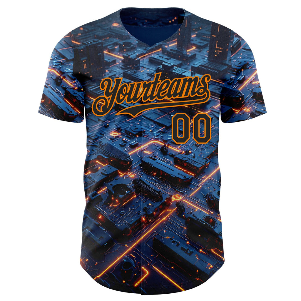 Custom Blue Black-Bay Orange Futurism Tech E-sports 3D Pattern Design Authentic Baseball Jersey
