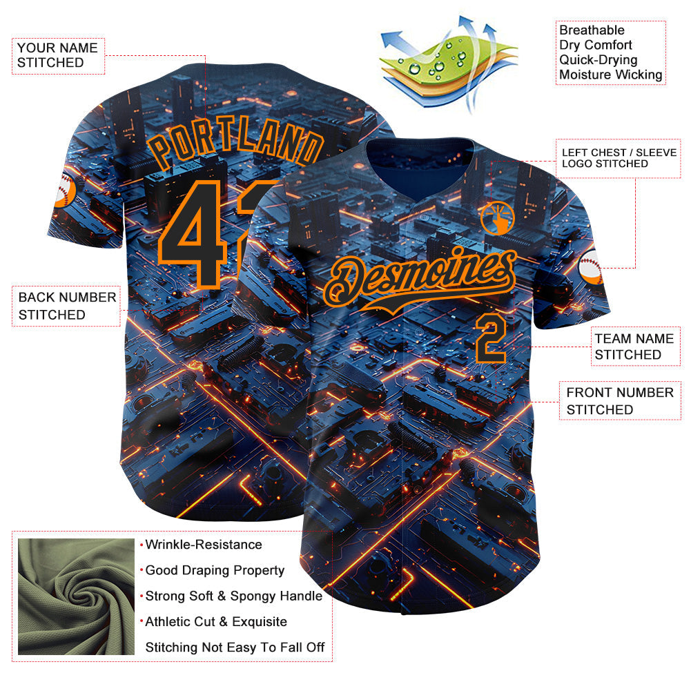 Custom Blue Black-Bay Orange Futurism Tech E-sports 3D Pattern Design Authentic Baseball Jersey