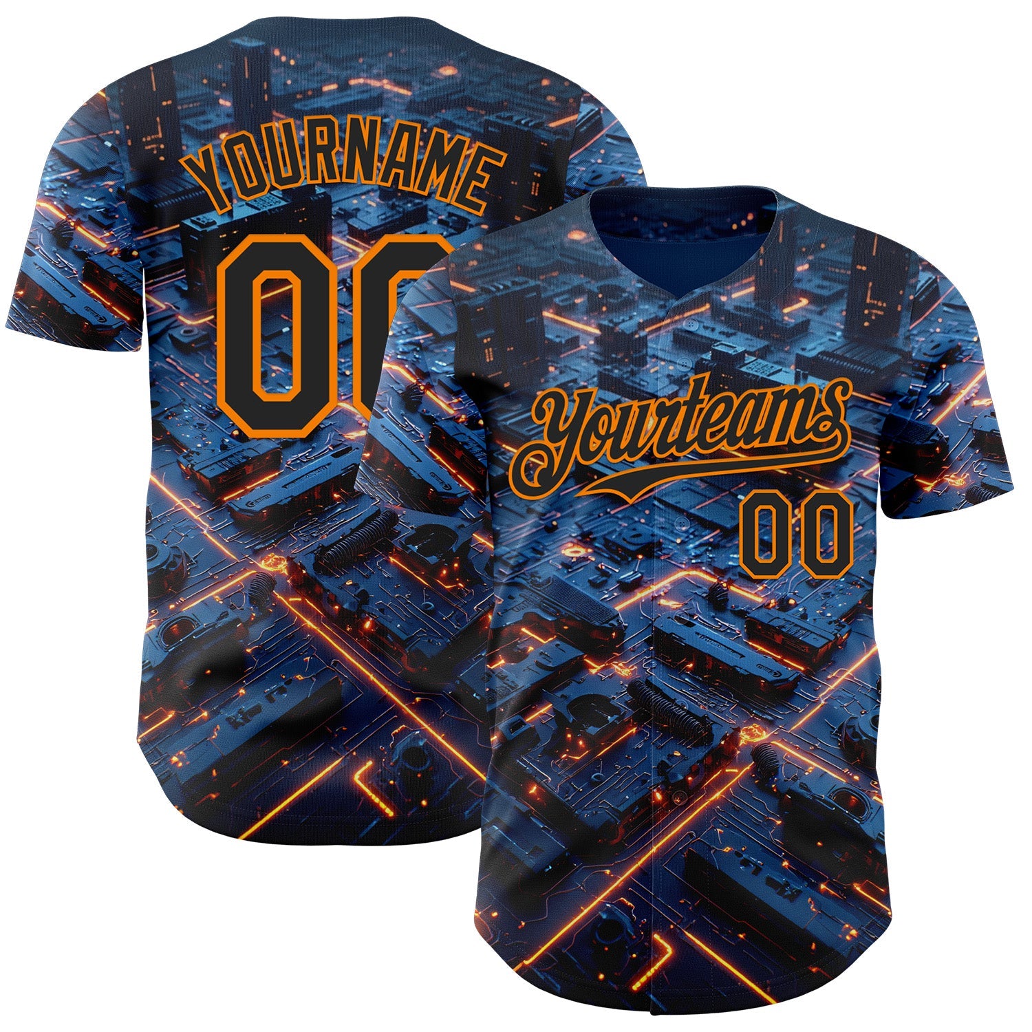 Custom Blue Black-Bay Orange Futurism Tech E-sports 3D Pattern Design Authentic Baseball Jersey