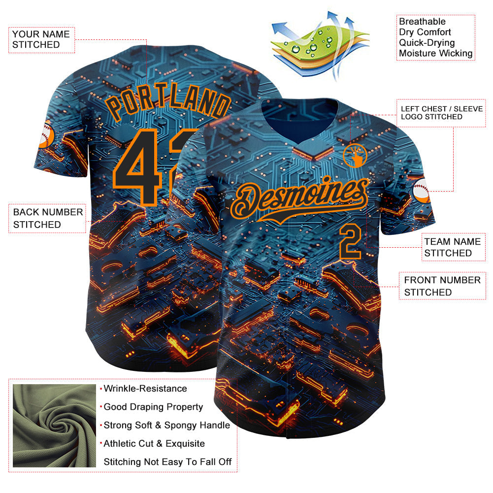 Custom Blue Black-Bay Orange Futurism Tech E-sports 3D Pattern Design Authentic Baseball Jersey