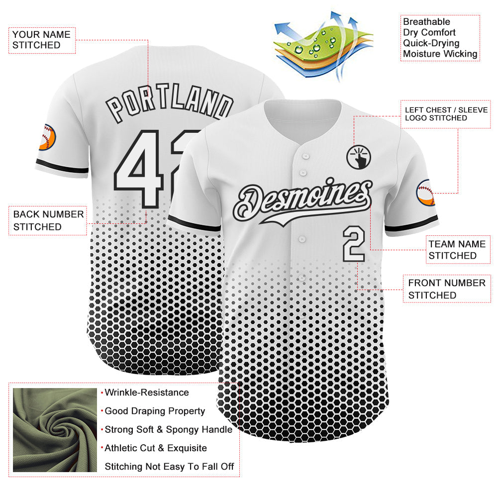 Custom White-Black Geometric Hexagonal Dot Gradient Authentic Baseball Jersey